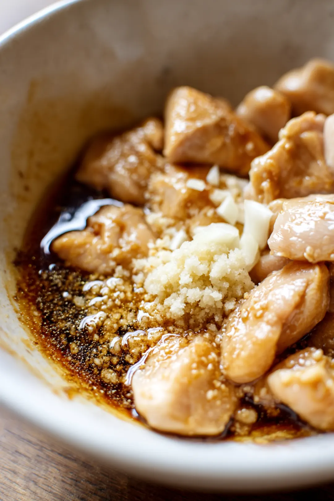 Mix together soy sauce, sake, mirin, grated ginger, and minced garlic in a bowl and add chicken pieces to marinate for 30 minutes