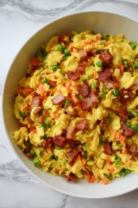 Mix together the scrambled eggs, cheese, sausage or bacon, vegetables, and seasonings