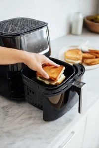 Place the assembled sandwich in the air fryer basket and cook for 8 minutes flipping halfway through until golden brown and crispy