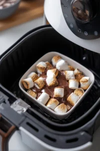 Place the dish in the air fryer basket and cook for 5 minutes or until the marshmallows are golden brown and the chocolate is melted.