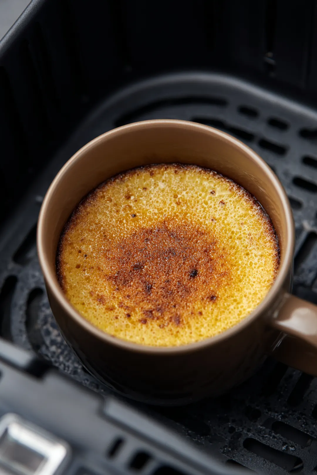 Place the mug in the air fryer basket and cook at 320°F (160°C) for about 10 minutes, or until the pudding is set and golden on top.