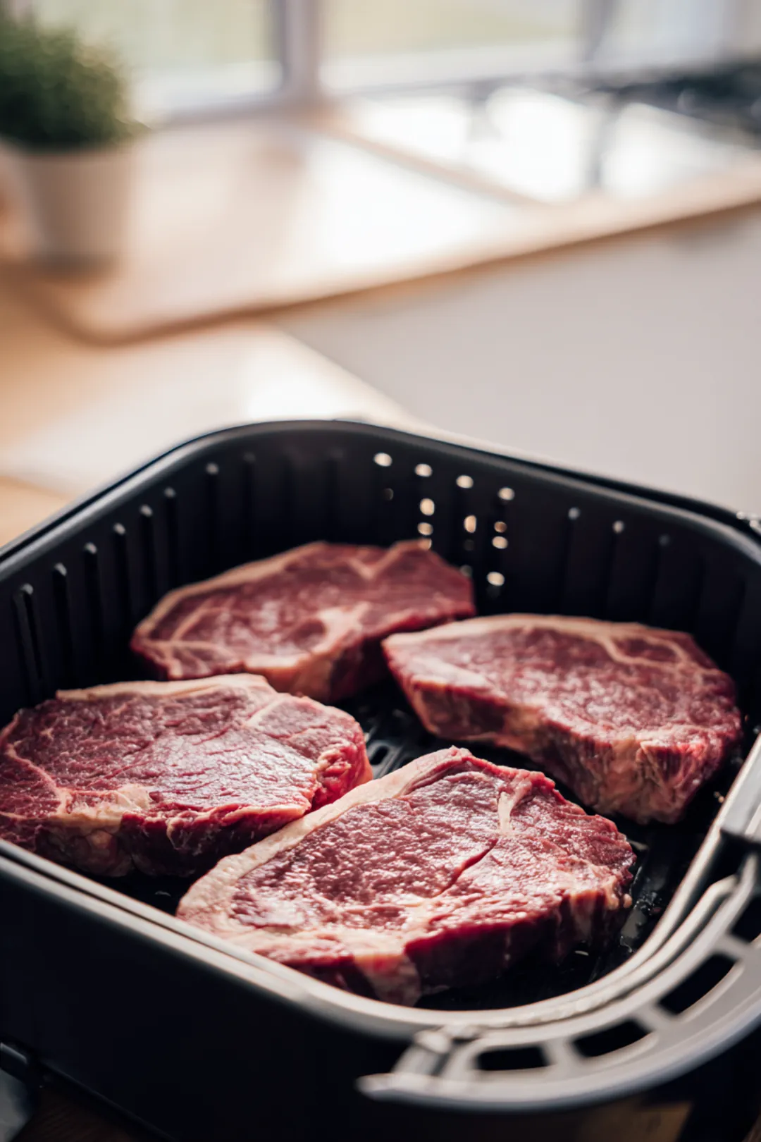 Place the steaks in the air fryer basket and cook for approximately 20-25 minutes, flipping halfway through, until they reach an internal temperature of your liking