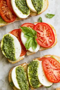 Spread pesto on one side of each slice of bread, then layer fresh mozzarella and tomato slices