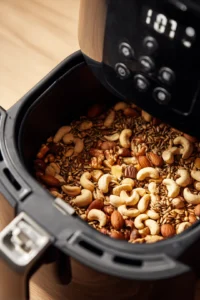 Spread the mixed nuts and sunflower seeds evenly in the air fryer basket