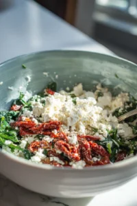 Stuff the mushrooms with feta cheese, spinach, sun-dried tomatoes, garlic, oregano, salt, and pepper. Cook in the air fryer until golden brown.