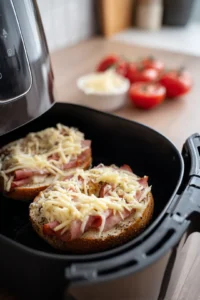 Top bagel halves with ham and cheese and air fry until melted