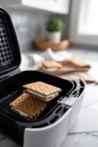 Top with the other half of the cracker and place them in the air fryer basket. Cook at 350°F for 3-5 minutes until the marshmallows are gooey and the graham crackers are golden brown.