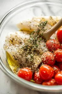 Toss cod fillets and cherry tomatoes with olive oil and spices
