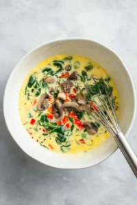 Whisk together the eggs, salt, and pepper with spinach, diced bell peppers, and mushrooms