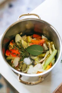 Add bay leaf thyme and salt to the pot and bring to a boil