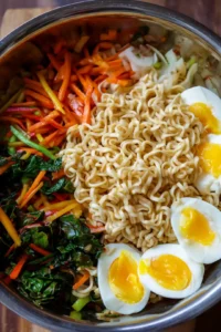 Add mixed vegetables and soft boiled eggs to ramen