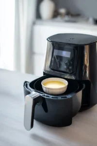 Air fry at 350 degrees Fahrenheit for 10 minutes until warm and lightly golden on top, then top with chopped nuts and fresh fruit before serving.