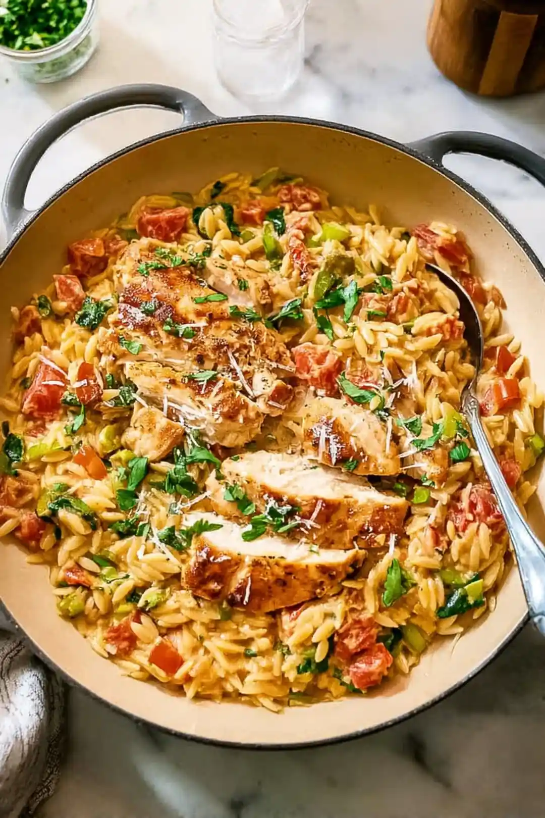 Air fryer chicken and orzo one pan meal