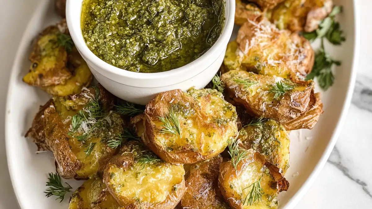 Air fryer pesto smashed potatoes