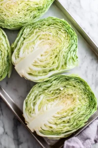 Arrange cut green cabbage steaks on a baking sheet