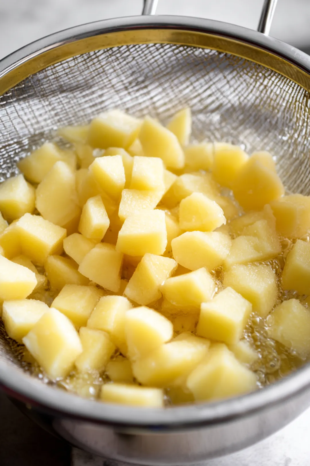 Boil the potatoes until tender and drain them