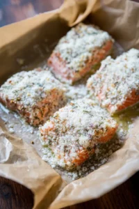 Coat salmon pieces in panko bread crumbs for crunch