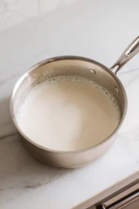 Combine heavy cream in a saucepan over medium heat and bring it to a gentle simmer