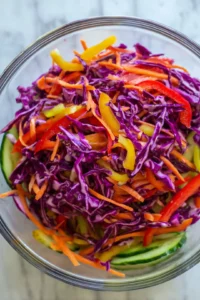 Combine shredded purple cabbage, carrot, bell pepper, and cucumber in a large bowl