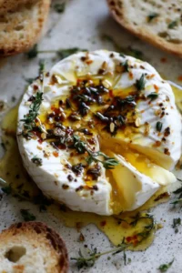 Drizzle the brie with olive oil and hot honey, then sprinkle the chopped thyme generously over the top.