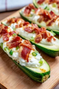 Fill zucchini skins with mozzarella cheese, bacon, and green onions and air fry until bubbly and golden