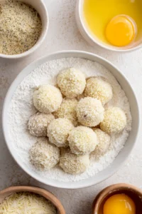 Form the mixture into small balls and roll them in flour, egg, and breadcrumbs