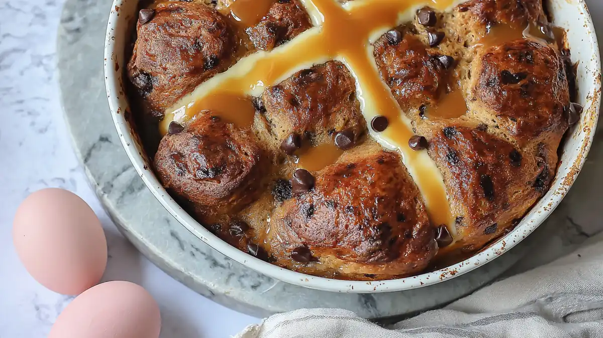 Hot cross bun bread pudding with salted caramel