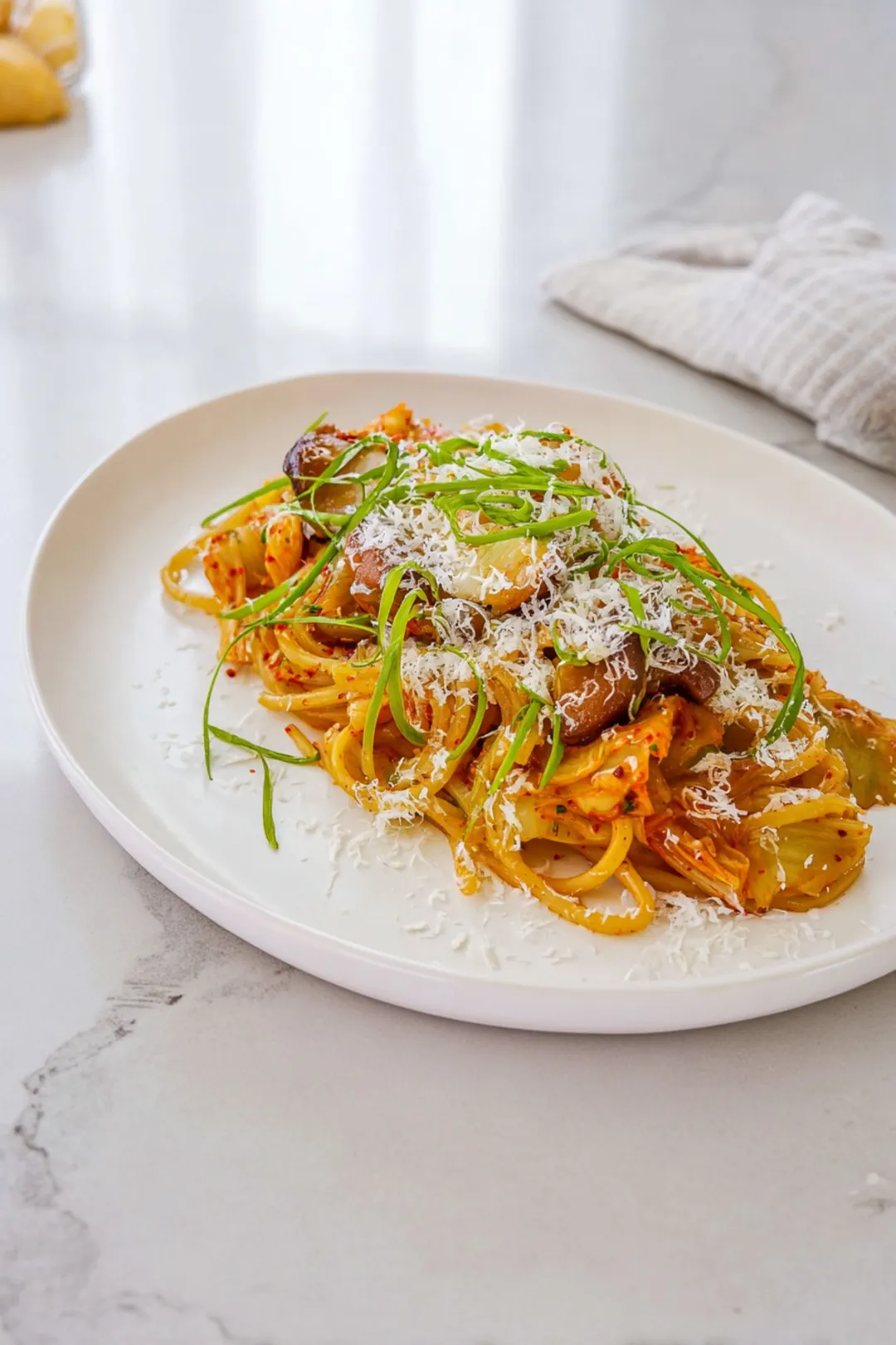 Kimchi infused cabbage alfredo