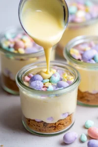 Layer the cheesecake filling over the biscuit base in each jar and top with chopped Cadbury Mini Eggs