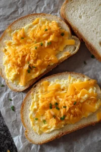 Layer the sandwich with bread, cheddar cheese, and kimchi