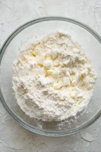 Mix all-purpose flour and salt, blend in cold diced butter, add ice water, shape into a disc, and refrigerate for at least 30 minutes
