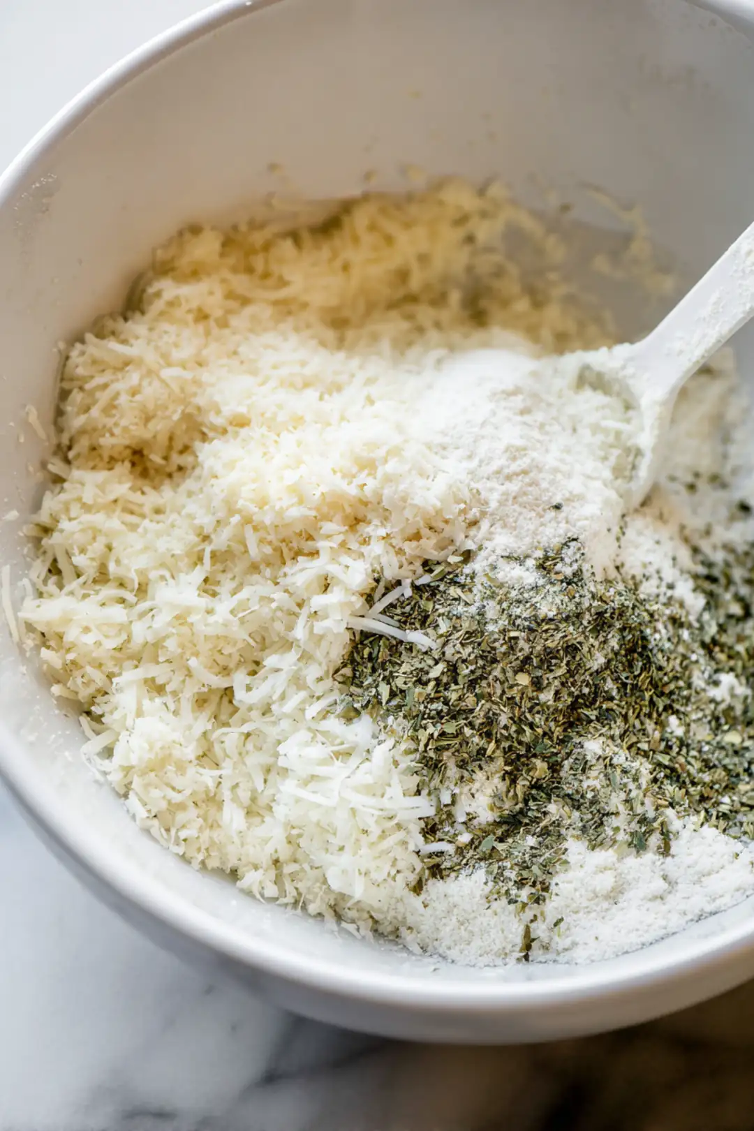 Mix grated Parmesan cheese, dried parsley, and garlic powder in a bowl
