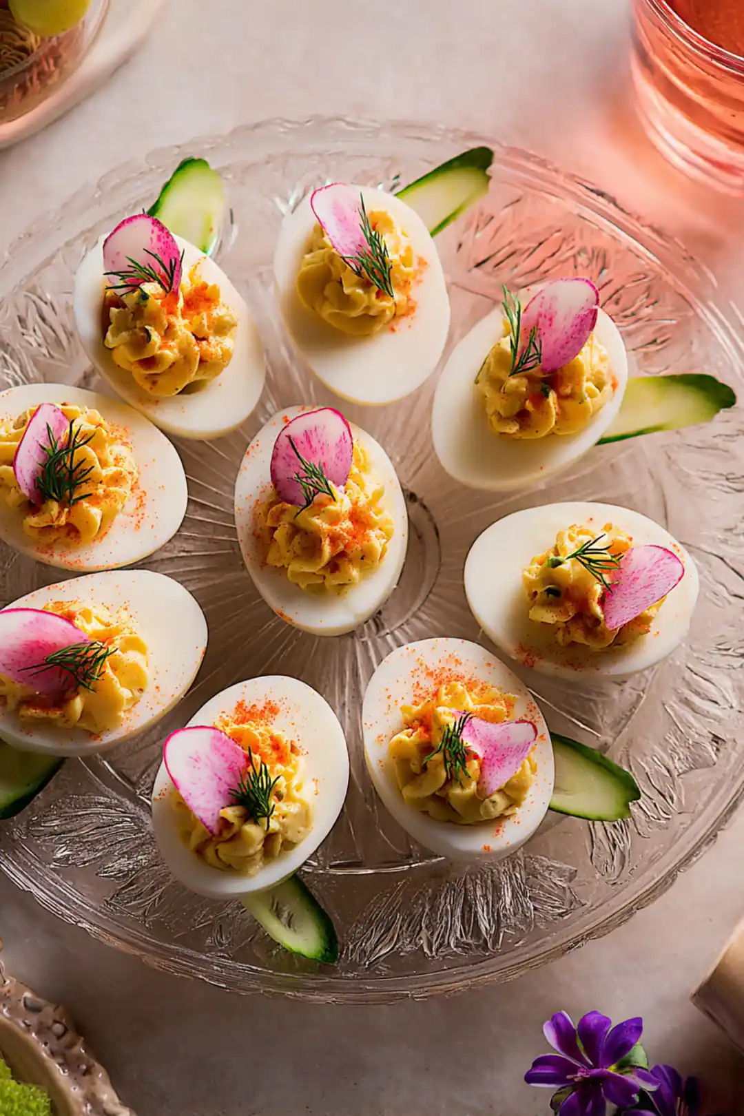 pastel deviled eggs with pickled radish topping