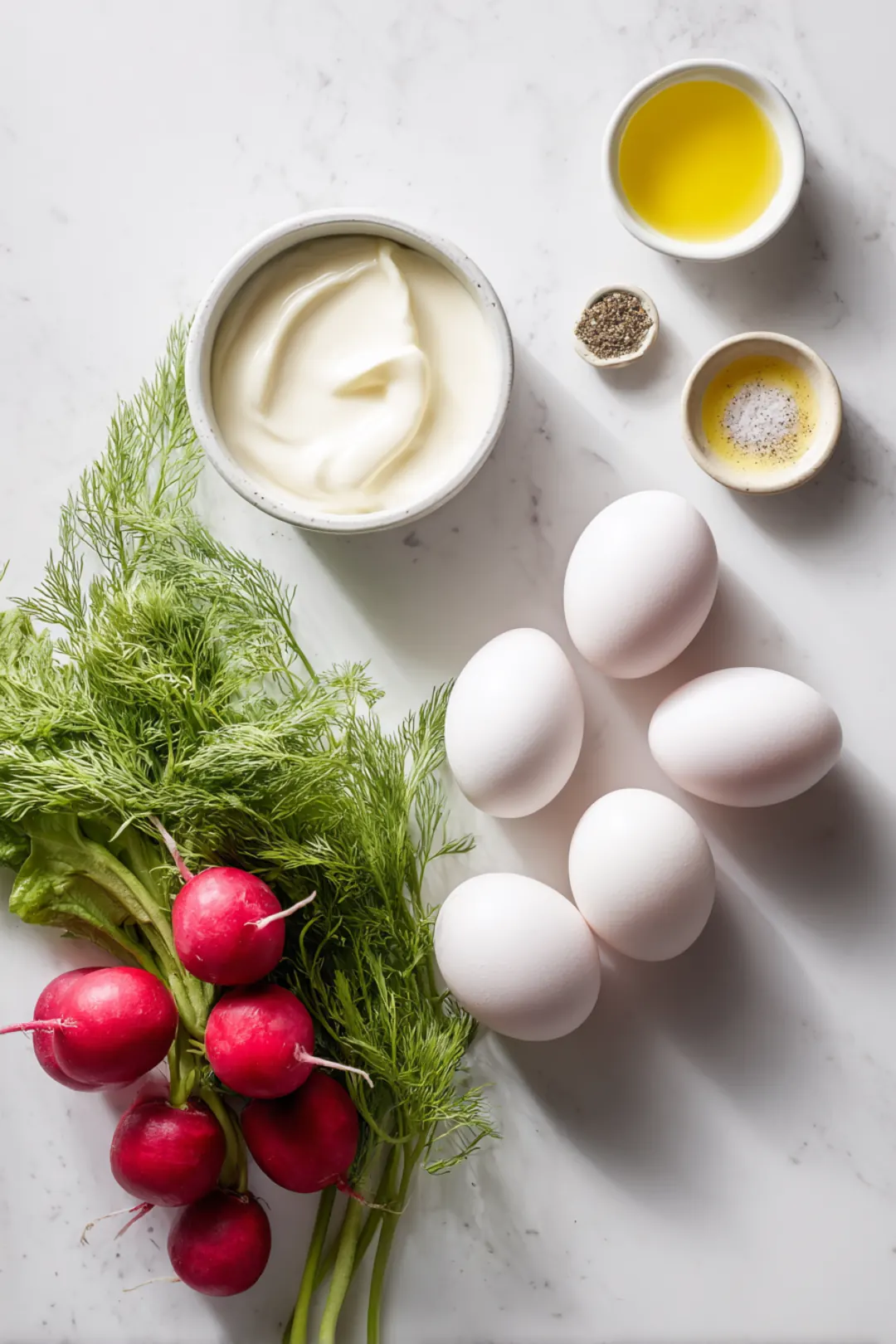 Pastel Deviled Eggs with Pickled Radish Topping - ingredients