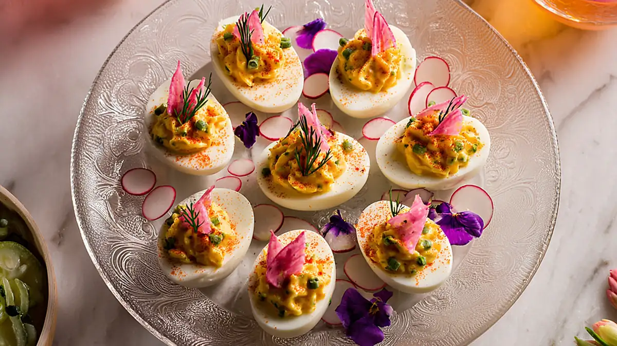 Pastel deviled eggs with pickled radish topping