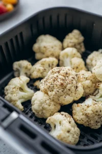 Place seasoned cauliflower in air fryer and add cheese