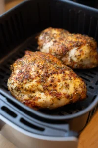 Place the chicken in the air fryer and cook for 15 minutes, shaking halfway through for even cooking.