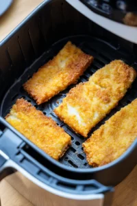 Place the frozen fish fillets in the air fryer basket in a single layer and cook for 12-15 minutes until they are crispy and golden brown, flipping halfway through cooking time.