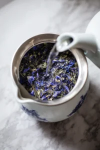 Pour hot water over dried butterfly pea flowers and steep for 5 minutes