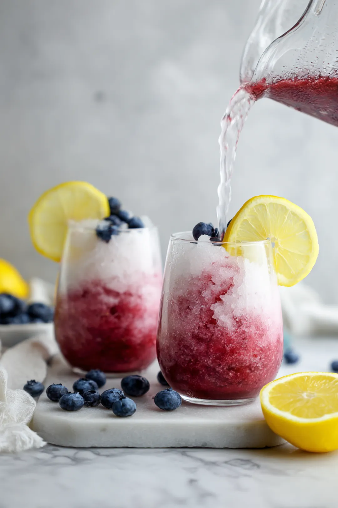 Pour juice into glasses and garnish with lemon slices or fresh blueberries