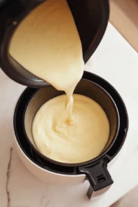 Pour the batter into a small air fryer-safe dish and cook in the air fryer at 320°F (160°C) for about 8 minutes, or until a toothpick comes out clean.