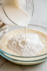 Pour the batter into the prepared cake pan and sprinkle the baking powder on top.