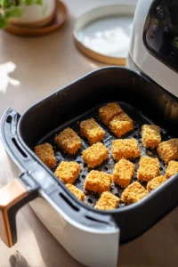 Preheat air fryer to 360 degrees Fahrenheit and coat paneer cubes in breadcrumbs