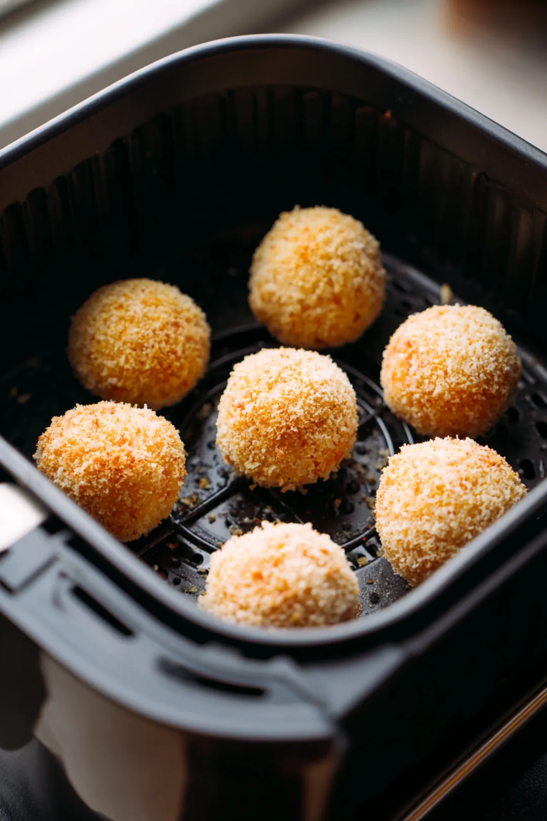 Preheat the air fryer and place the breaded arancini balls in a single layer in the basket