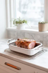 Preheat the oven to 325 degrees Fahrenheit and place the ham in a roasting pan