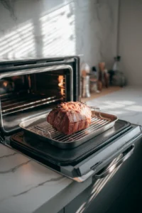 Preheat the oven to 325 degrees Fahrenheit and place the ham on a roasting rack in a large roasting pan