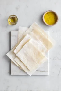 Preheat your air fryer to 350°F (175°C) and prepare the phyllo pastry sheets with olive oil