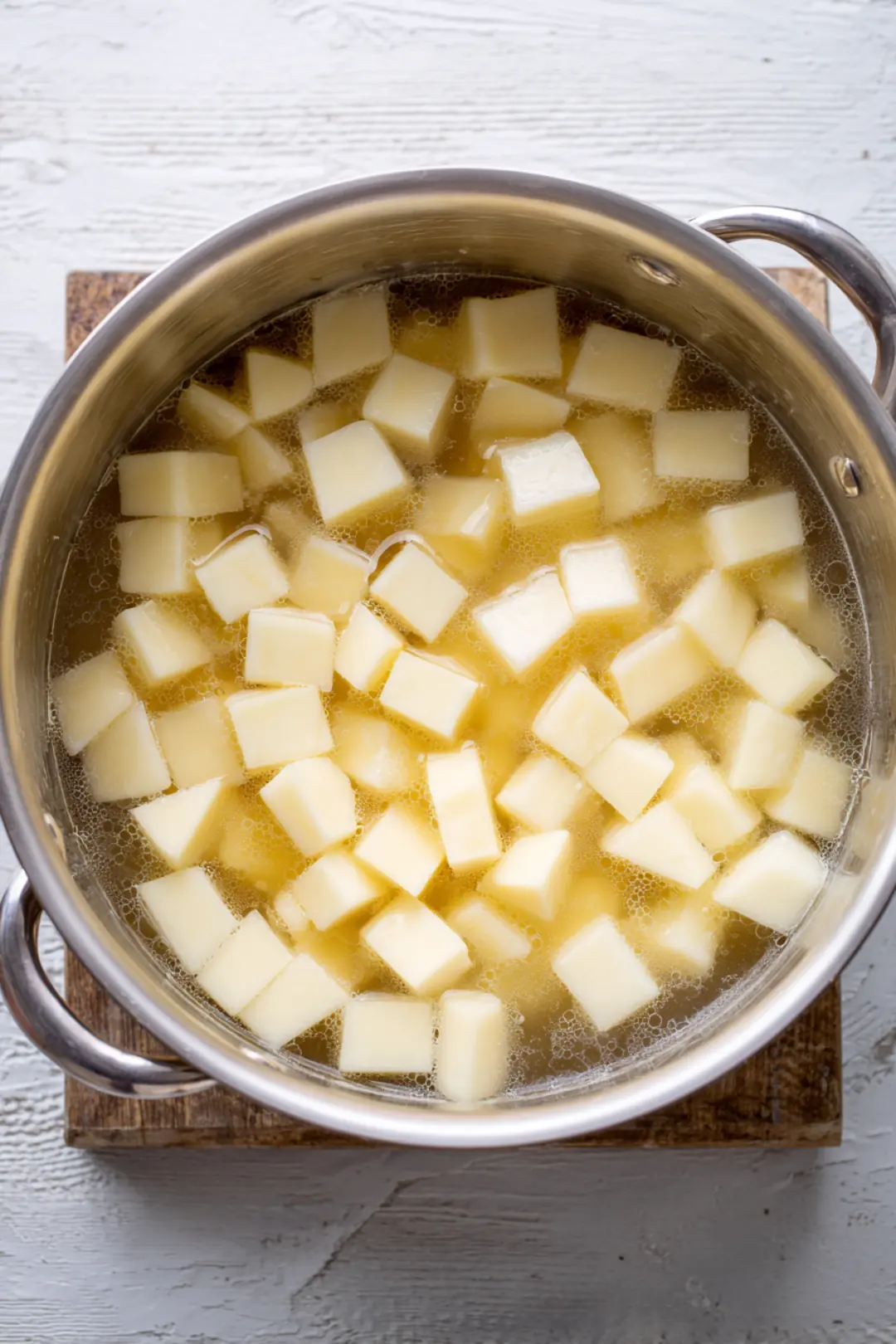 Prepare the potatoes by boiling cubed potatoes in salted water until tender