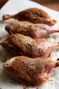 Rub the duck legs with five spice powder and olive oil before cooking