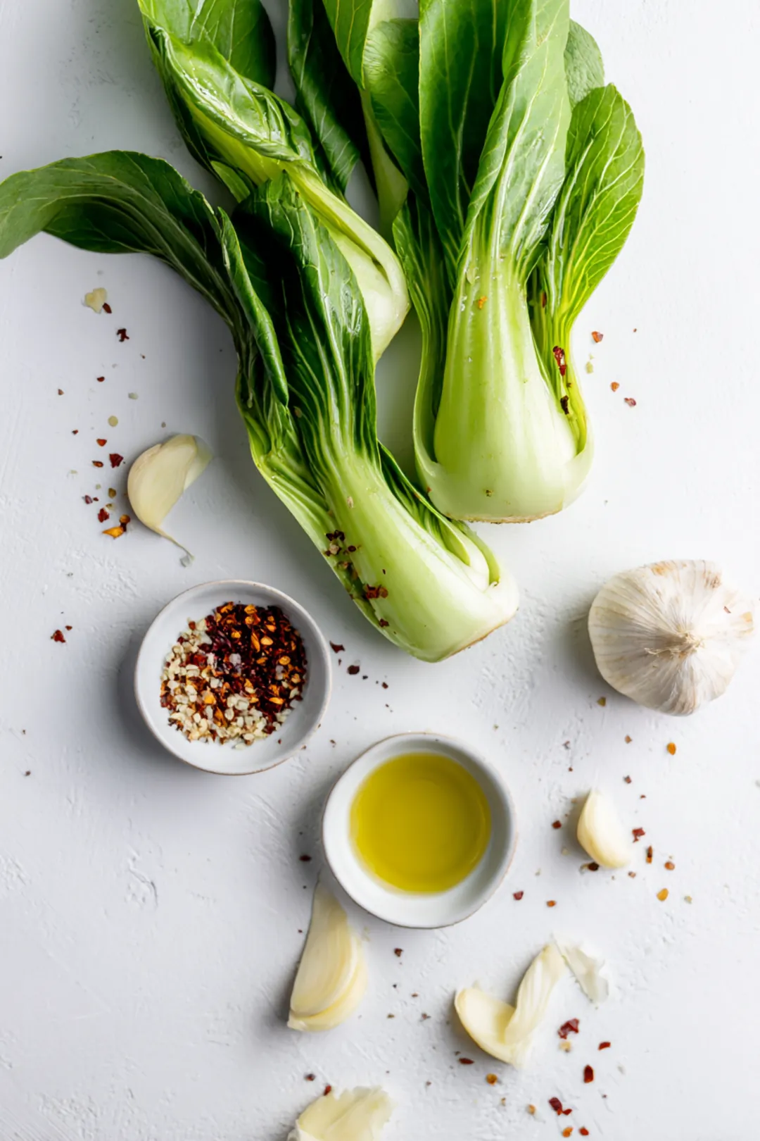 Sautéed bok choy with garlic and crispy chili